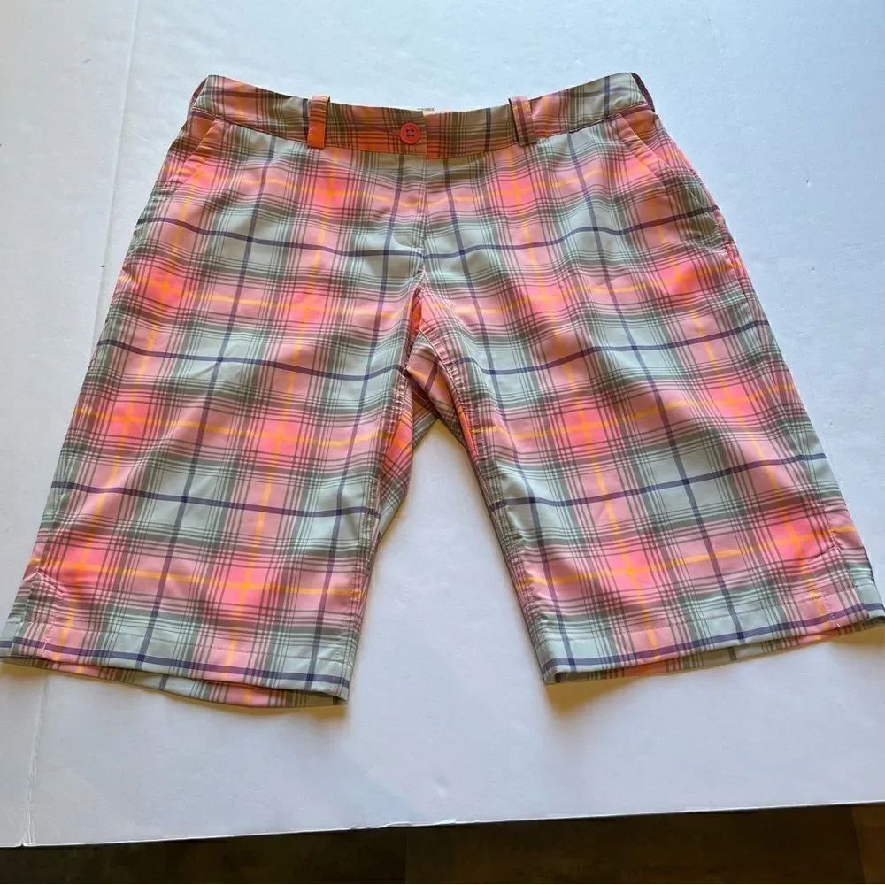 Women's Nike Golf Bermuda Shorts Pink Multi Plaid Size 12 Dri Fit